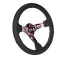 NRG Reinforced Steering Wheel - Hydro Dipped Sakura Floral 3" Deep, 5mm spoke, 350mm Sport Steering Wheel Pink Suede w/ Black baseball stitching - RST-036SAK-R
