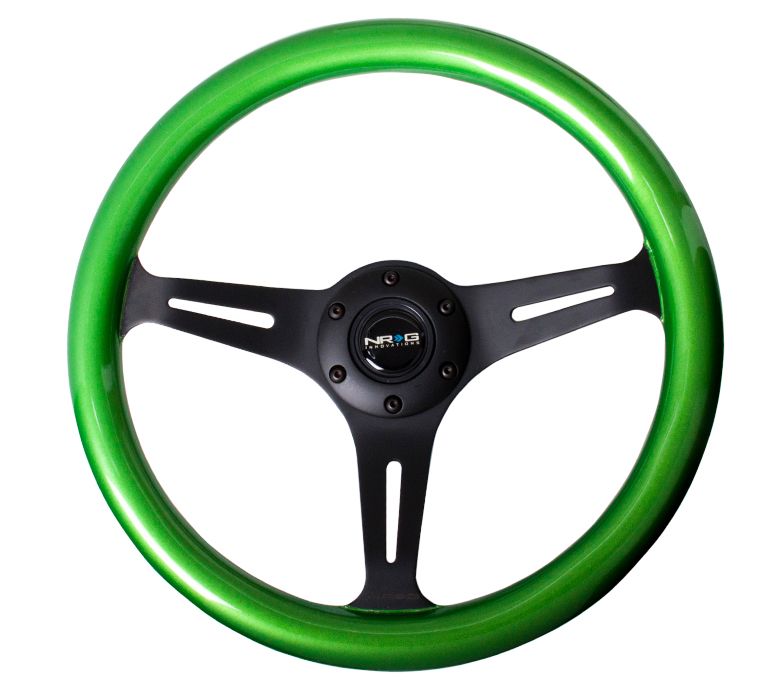 NRG Classic Wood Grain Wheel, 350mm 3 black spokes, green pearl/flake paint - ST-015BK-GN