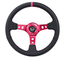 NRG Reinforced Steering Wheel - 350MM Sport Steering Wheel (3" Deep) - Black Leather Fushia center mark with Fushia stitching.Fushia Center spoke - RST-006FH