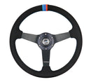 NRG 350mm sport steering wheel (1.5' deep) black perforated Leather with M3 stitching - Matte Black Solid Spokes with Minty Fresh Miata Logo Etched - RST-037MB-SA-M3