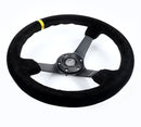 NRG Reinforced Steering Wheel - 3" Deep, 5mm matte black spoke, 350mm Sport Steering Wheel Black suede w/ Black criss cross stitching and Yellow Center Mark - RST-036MB-S-Y