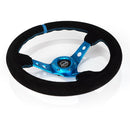 NRG Reinforced Steering Wheel - 350mm Sport Steering Wheel (3" Deep) - Blue Spoke w/ Round holes / Black Leather and Blue center stripe, and Blue Stitching - RST-006S-BL