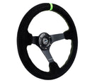 NRG Reinforced Steering Wheel - 3" Deep, 5mm matte black spoke, 350mm Sport Steering Wheel Black suede w/ Neon Green baseball stitching / Neon Green Center Mark - RST-036MB-S-GN