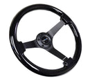 NRG Reinforced Steering Wheel - Classic Black Wood Grain Wheel (3" Deep), 350mm, 3 Solid spoke center in Black Chrome - RST-036BK-BK