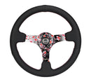 NRG Reinforced Steering Wheel - Hydro Dipped Sakura Floral 3" Deep, 5mm spoke, 350mm Sport Steering Wheel Pink Suede w/ Black baseball stitching - RST-036SAK-R