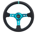 NRG Reinforced Steering Wheel - 350MM Sport Steering Wheel (3" Deep) - Black Leather Teal center mark with Teal stitching and Teal Center spoke - RST-006TL