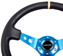 NRG Reinforced Steering Wheel - 350mm Sport Steering Wheel (3" Deep) - Blue Spoke w/ Round holes / Black Leather and Yellow center stripe - RST-006BL-Y