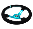 NRG Reinforced Steering Wheel - 350MM Sport Steering Wheel (3" Deep) - Black Suede Teal center mark with Teal stitching and Teal Center spoke - RST-006S-TL