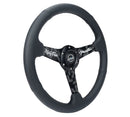 NRG 350mm sport steering wheel (1.5' deep) black perforated Leather with Black stitching - Matte Black Solid Spokes with Minty Fresh Miata Logo Etched - RST-037MB-MF