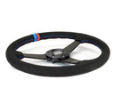 NRG 350mm sport steering wheel (1.5' deep) black perforated Leather with M3 stitching - Matte Black Solid Spokes with Minty Fresh Miata Logo Etched - RST-037MB-SA-M3