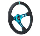 NRG Reinforced Steering Wheel - 350MM Sport Steering Wheel (3" Deep) - Black Leather Teal center mark with Teal stitching and Teal Center spoke - RST-006TL