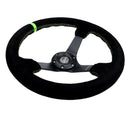NRG Reinforced Steering Wheel - 3" Deep, 5mm matte black spoke, 350mm Sport Steering Wheel Black suede w/ Neon Green baseball stitching / Neon Green Center Mark - RST-036MB-S-GN