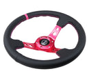 NRG Reinforced Steering Wheel - 350MM Sport Steering Wheel (3" Deep) - Black Leather Fushia center mark with Fushia stitching.Fushia Center spoke - RST-006FH