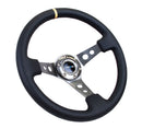 NRG Reinforced Steering Wheel - 350mm Sport Steering Wheel (3" Deep) - Gun Metal Spoke w/ Round holes / Black Leather / Yellow Center Mark - RST-006GM-Y