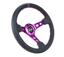 NRG Reinforced Steering Wheel - 350MM Sport Steering Wheel (3" Deep) - Black Leather, Purple center mark with purple stitching - RST-006PP