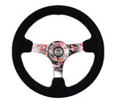 NRG Reinforced Steering Wheel - Hydro Dipped Sakura Floral 3" Deep, 5mm spoke, 350mm Sport Steering Wheel Pink Suede w/ Black baseball stitching - RST-036SAK-S