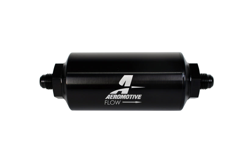 Aeromotive Filter, In-Line, 40 Micron Stainless Mesh Element, AN-06 Male, Bright-Dip Black, 2" OD - 12348