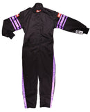 RaceQuip One Piece Single Layer Fire Suit - Black w/Purple Stripes - Kids XL - 1950596