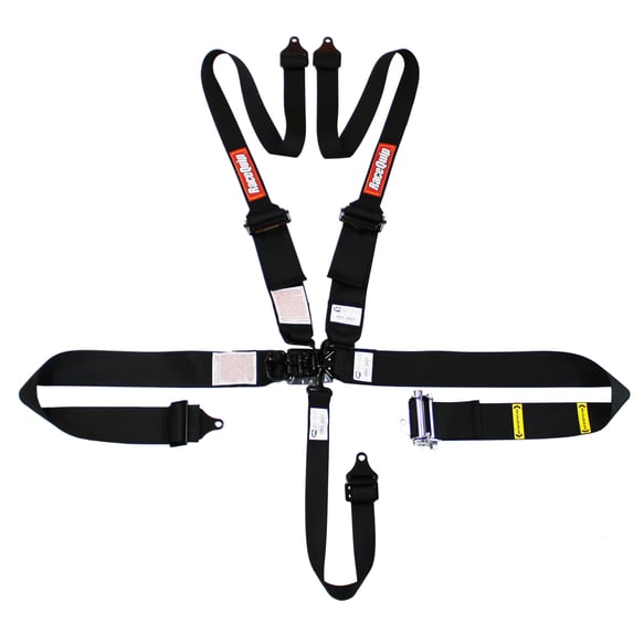 RaceQuip 5 Point Harness - Small Buckle Ratcheting Latch & Link - HNR shoulders - Black - 3 in. Lap - 3 in. to 2 in. HNR Shoulder - 2 in. Sub - 815005
