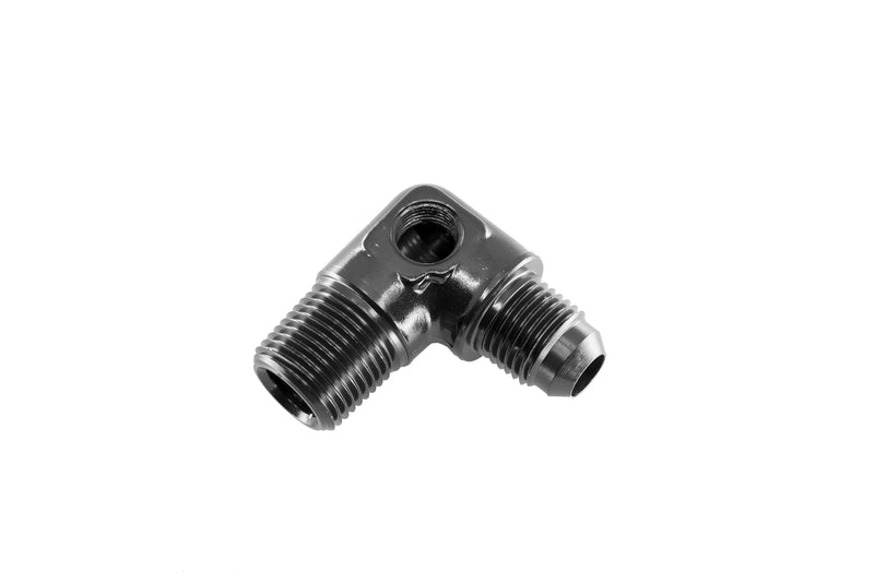 Redhorse Performance -8AN Male To 1/2" NPT Male Adapter with 1/8" NPT Port, 90 Degree - Black - 8228-08-08-2