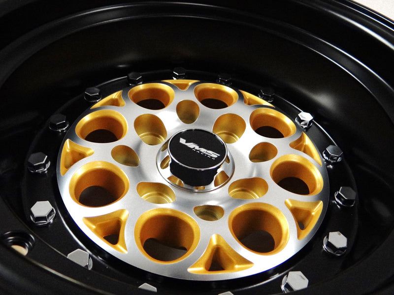 VMS Wheels Revolver 13x8 4x100/114.3 +20 Offset Machined Gold Black Lip Chrome RivOffsets - VWRE005