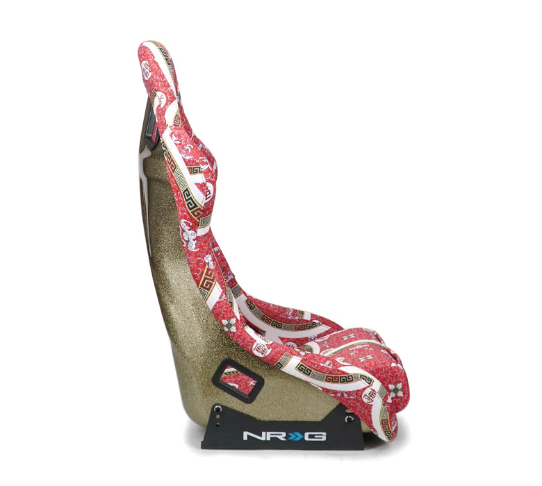 NRG FRP Fiberglass Bucket Seat PRISMA-  Oriental Longivity Plate edition in vegan material with gold pearlized back plus phone pockets. (Large) - FRP-302-DYNASTY