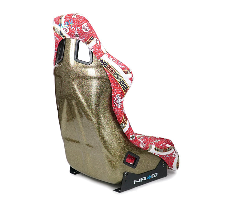 NRG FRP Fiberglass Bucket Seat PRISMA-  Oriental Longivity Plate edition in vegan material with gold pearlized back plus phone pockets. (Large) - FRP-302-DYNASTY