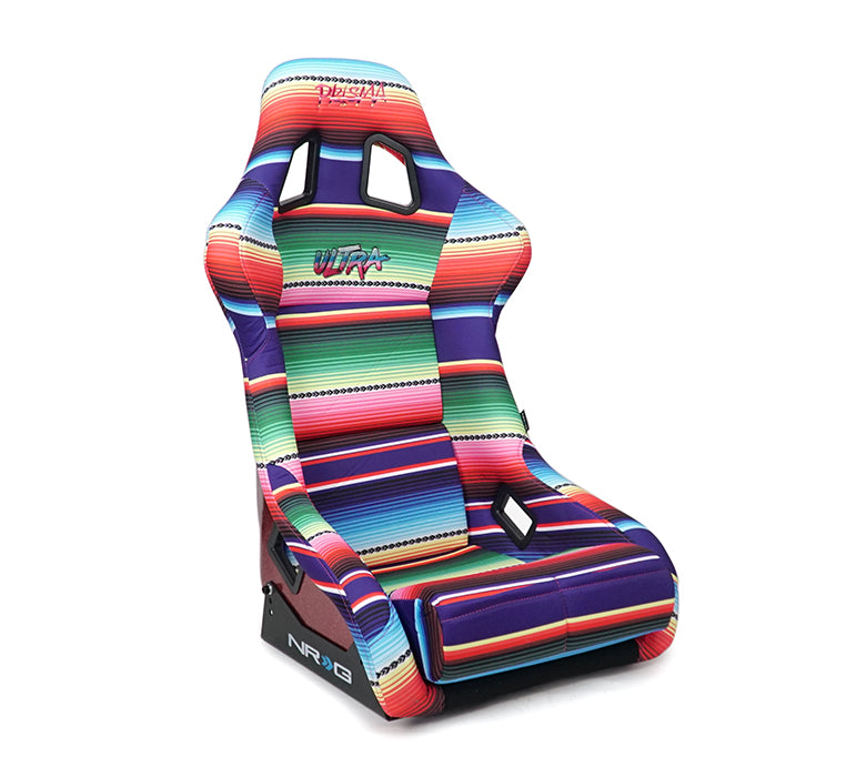 NRG FRP Fiberglass Bucket Seat PRISMA- Serepi Edition with red pearlized back in vegan material. Pink Panther Color Leopard print finish in vegan material plus phone pockets. (Large) - FRP-302-MEXICALI