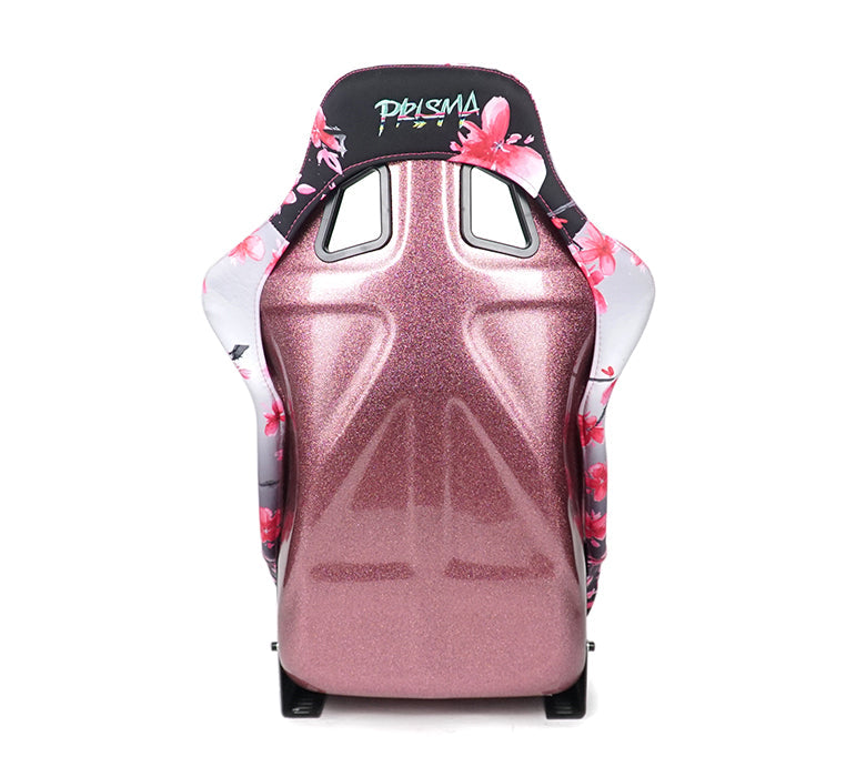 NRG FRP Fiberglass Bucket Seat PRISMA- Japanese Cherry Blossom edition in vegan material with pink pearlized back plus phone pockets. (Large) - FRP-302-SAKURA