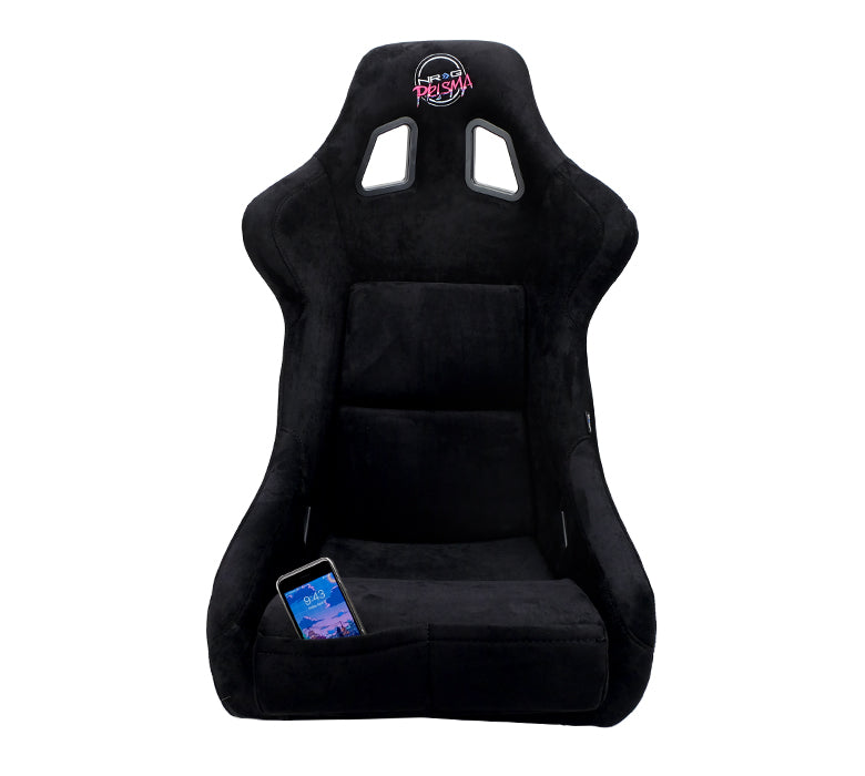 NRG FRP Fiberglass Bucket Seat PRISMA Edition with pearlized back. All Black alcantara vegan material w/ phone pockets. (Large) - FRP-302BK-PRISMA