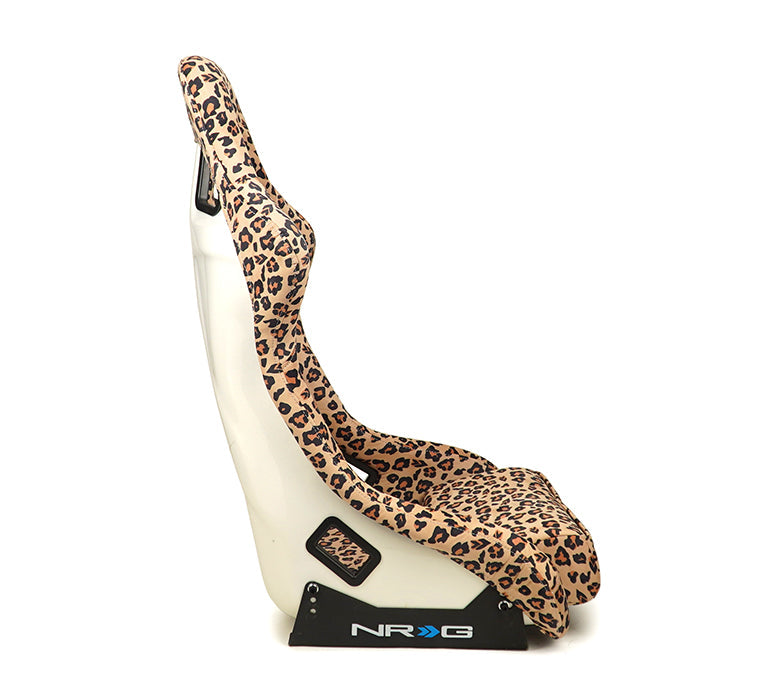 NRG FRP Fiberglass Bucket Seat PRISMA- SAVAGE Edition with white pearlized back. Once a Cheetah, always a cheetah Leopard print finish in vegan material plus phone pockets. (Large) - FRP-302-BR-SAVAGE