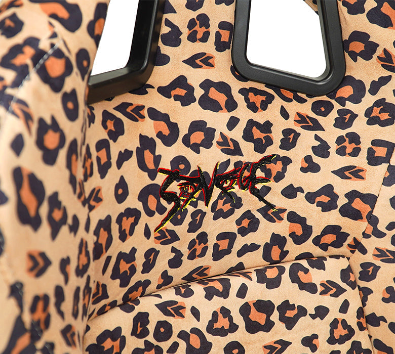 NRG FRP Fiberglass Bucket Seat PRISMA- SAVAGE Edition with white pearlized back. Once a Cheetah, always a cheetah Leopard print finish in vegan material plus phone pockets. (Large) - FRP-302-BR-SAVAGE