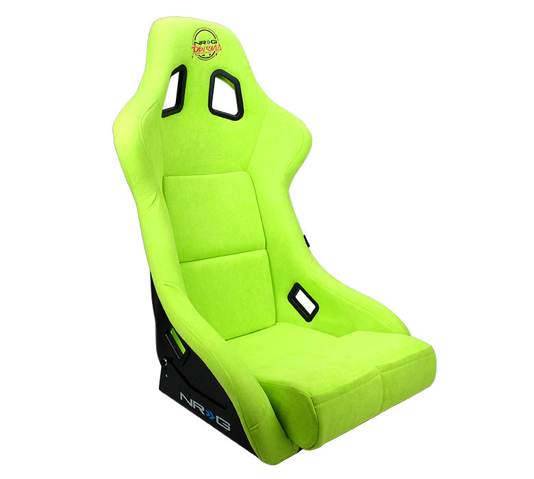 NRG FRP Fiberglass Bucket Seat PRISMA Edition with pearlized back. All Neon Green alcantara vegan material w/ phone pockets. (Large) - FRP-302NG-PRISMA