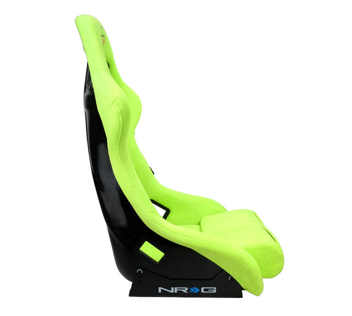 NRG FRP Fiberglass Bucket Seat PRISMA Edition with pearlized back. All Neon Green alcantara vegan material w/ phone pockets. (Medium) - FRP-303NG-PRISMA