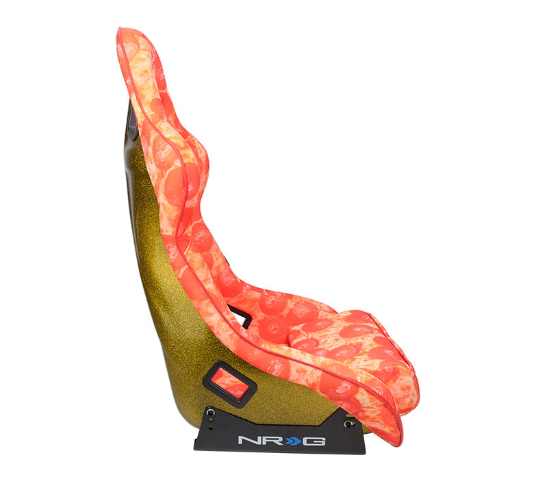 NRG FRP Fiberglass Bucket Seat PRISMA- ULTRA SLICE Edition with gold pearlized back. Pizza Microfiber print finish in vegan material plus phone pockets. (Large) - FRP-302-PIZZA