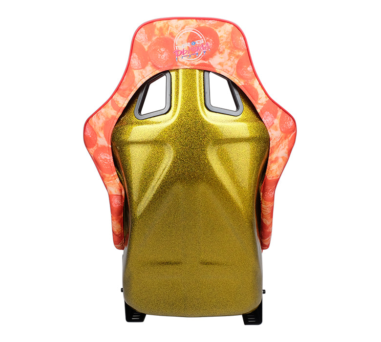 NRG FRP Fiberglass Bucket Seat PRISMA- ULTRA SLICE Edition with gold pearlized back. Pizza Microfiber print finish in vegan material plus phone pockets. (Large) - FRP-302-PIZZA