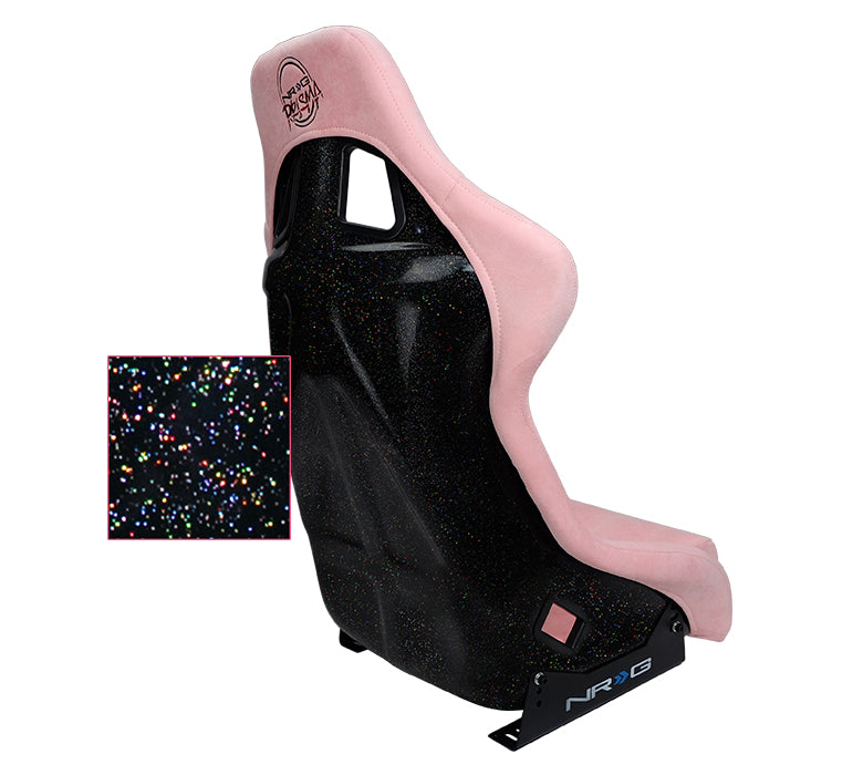 NRG FRP Fiberglass Bucket Seat PRISMA Edition with pearlized back. All Pink alcantara vegan material w/phone pockets. (Large) - FRP-302PK-PRISMA