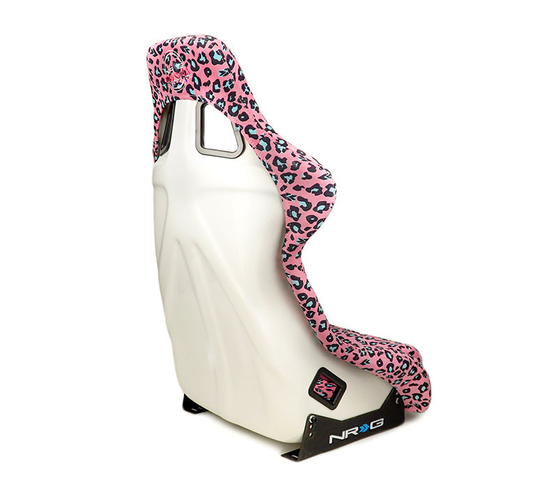 NRG FRP Fiberglass Bucket Seat PRISMA- SAVAGE Edition with white pearlized back. Pink Panther Color Leopard print finish in vegan material plus phone pockets. (Large) - FRP-302-PK-SAVAGE
