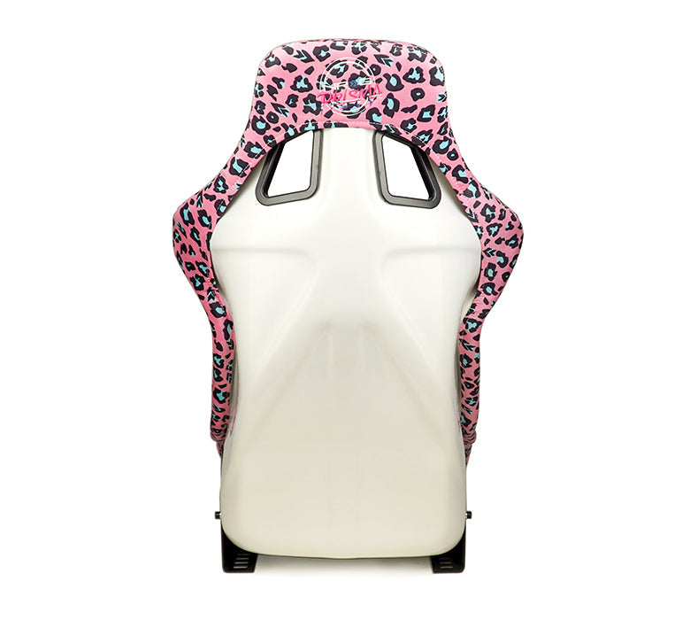 NRG FRP Fiberglass Bucket Seat PRISMA- SAVAGE Edition with white pearlized back. Pink Panther Color Leopard print finish in vegan material plus phone pockets. (Large) - FRP-302-PK-SAVAGE
