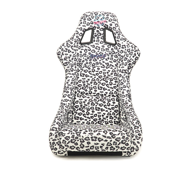 NRG FRP Fiberglass Bucket Seat PRISMA- SAVAGE Edition with white pearlized back. Snow Leopard Color Leopard print finish in vegan material plus phone pockets. (Large) - FRP-302-WT-SAVAGE