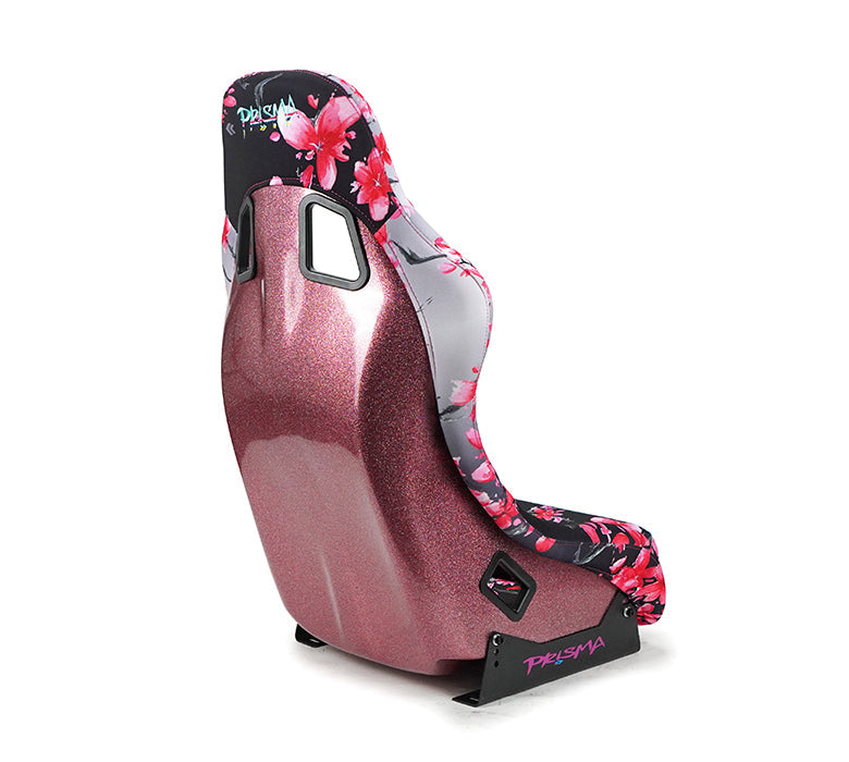 NRG FRP Fiberglass Bucket Seat PRISMA- Japanese Cherry Blossom edition in vegan material with pink pearlized back plus phone pockets. (Medium) - FRP-303-SAKURA