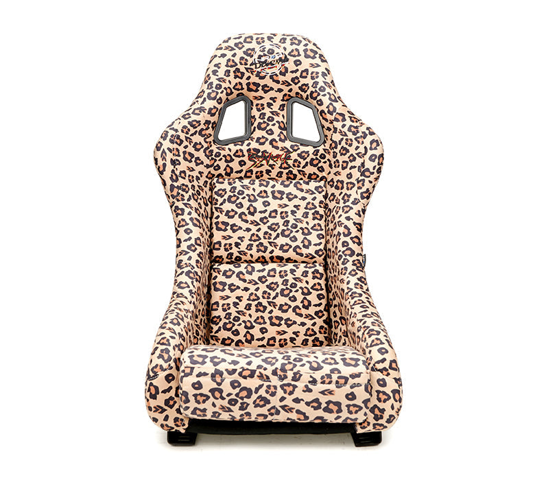 NRG FRP Fiberglass Bucket Seat PRISMA- SAVAGE Edition with white pearlized back. Once a Cheetah, always a cheetah Leopard print finish in vegan material plus phone pockets. (Medium) - FRP-303-BR-SAVAGE