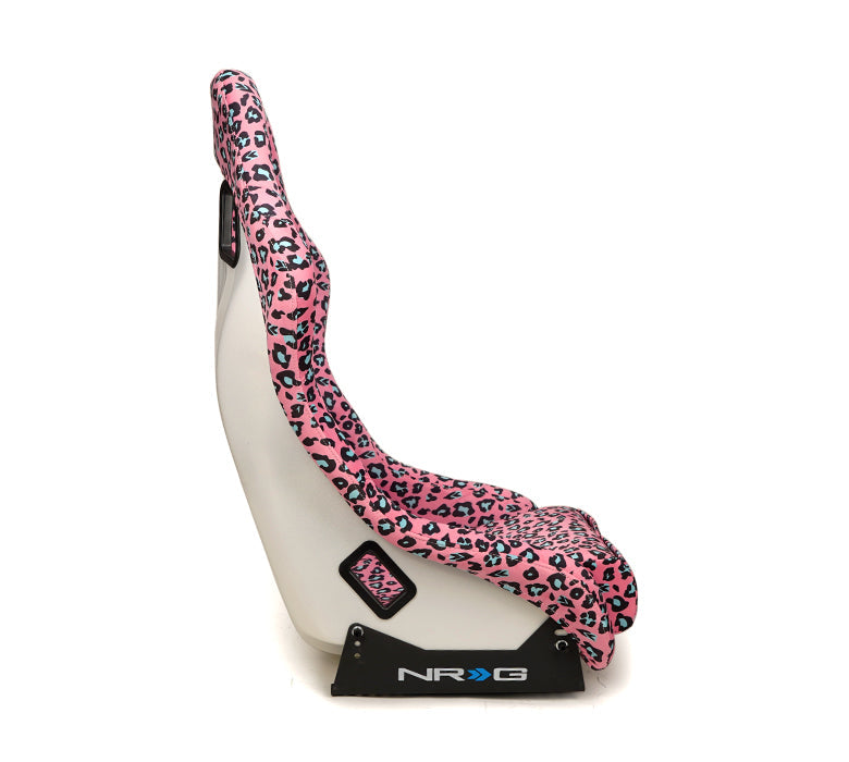 NRG FRP Fiberglass Bucket Seat PRISMA- SAVAGE Edition with white pearlized back. Pink Panther Color Leopard print finish in vegan material plus phone pockets. (Medium) - FRP-303-PK-SAVAGE