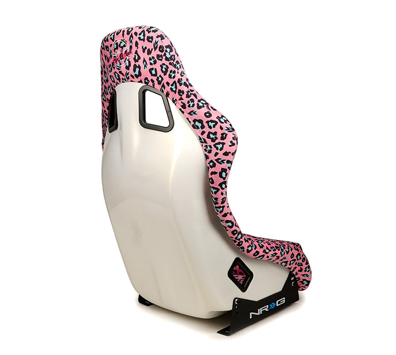 NRG FRP Fiberglass Bucket Seat PRISMA- SAVAGE Edition with white pearlized back. Pink Panther Color Leopard print finish in vegan material plus phone pockets. (Medium) - FRP-303-PK-SAVAGE