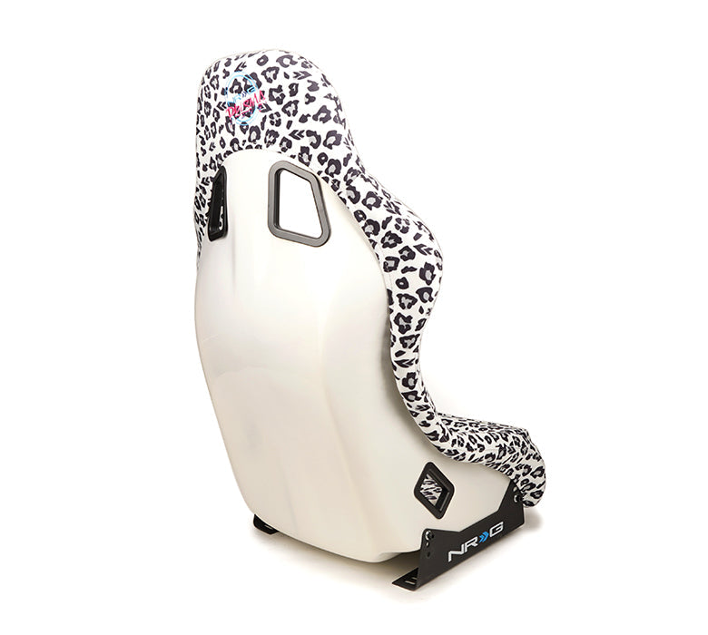 NRG FRP Fiberglass Bucket Seat PRISMA- SAVAGE Edition with white pearlized back. Snow Leopard Color Leopard print finish in vegan material plus phone pockets. (Medium) - FRP-303-WT-SAVAGE