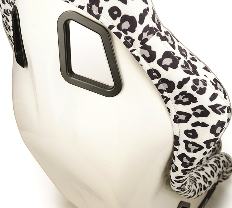 NRG FRP Fiberglass Bucket Seat PRISMA- SAVAGE Edition with white pearlized back. Snow Leopard Color Leopard print finish in vegan material plus phone pockets. (Medium) - FRP-303-WT-SAVAGE