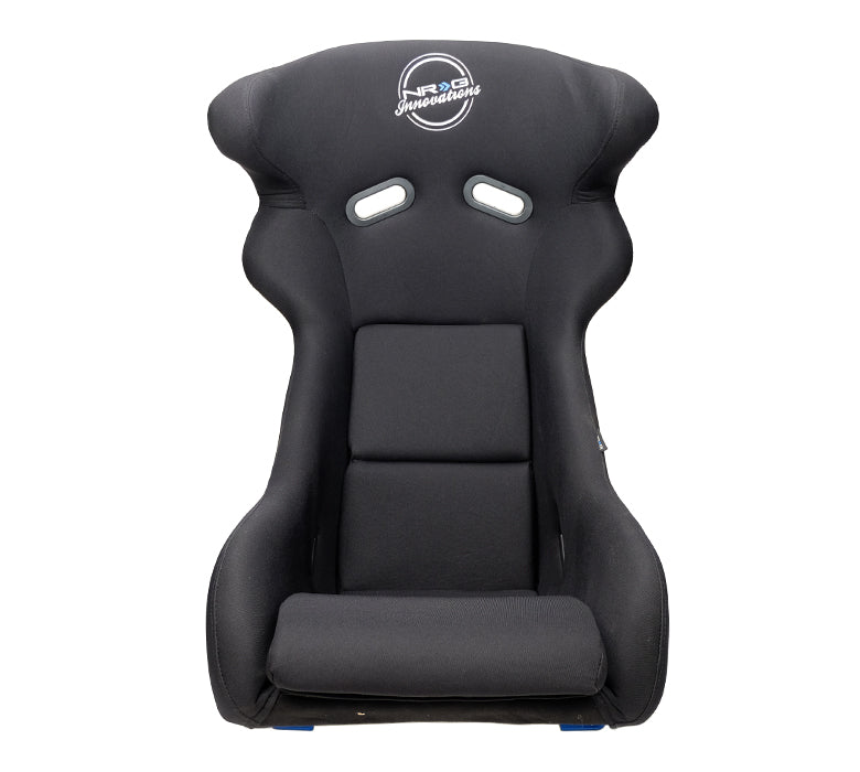 NRG FRP Fiberglass Bucket Seat - White finish with Arrow Embroidery and Blue Side Mount Bracket - FRP-600WT