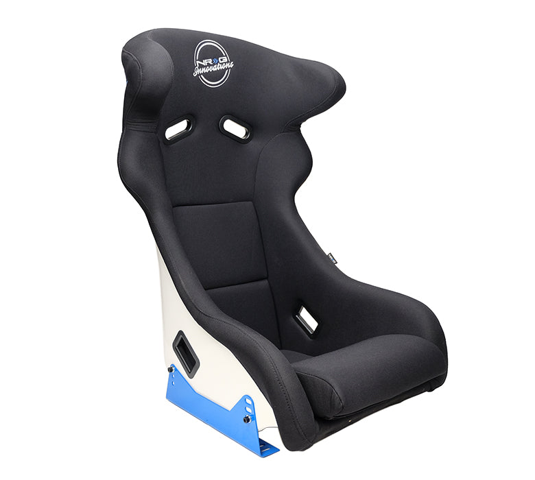 NRG FRP Fiberglass Bucket Seat - White finish with Arrow Embroidery and Blue Side Mount Bracket - FRP-600WT