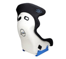 NRG FRP Fiberglass Bucket Seat - White finish with Arrow Embroidery and Blue Side Mount Bracket - FRP-600WT