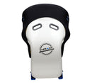 NRG FRP Fiberglass Bucket Seat - White finish with Arrow Embroidery and Blue Side Mount Bracket - FRP-600WT